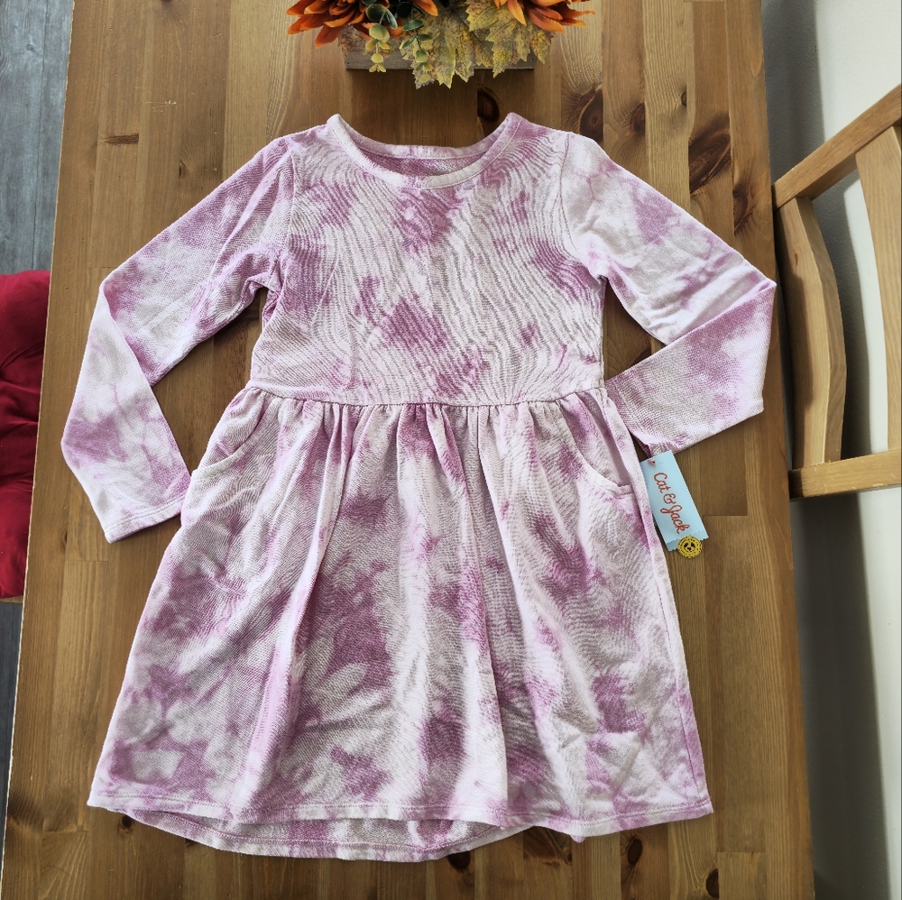 Cat & Jack - Girls' Long Sleeve French Terry Tie-Dye Dress - Magenta Wash - Picture 6 of 9